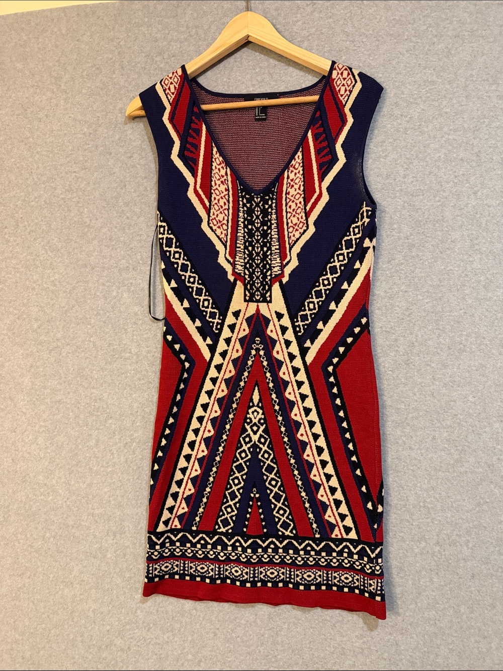 Patriotic  Sleeveless Red, White, and Blue Geometric Knit Dress.